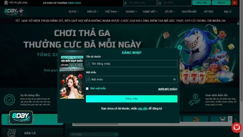 Quy trình đăng nhập 8DAY